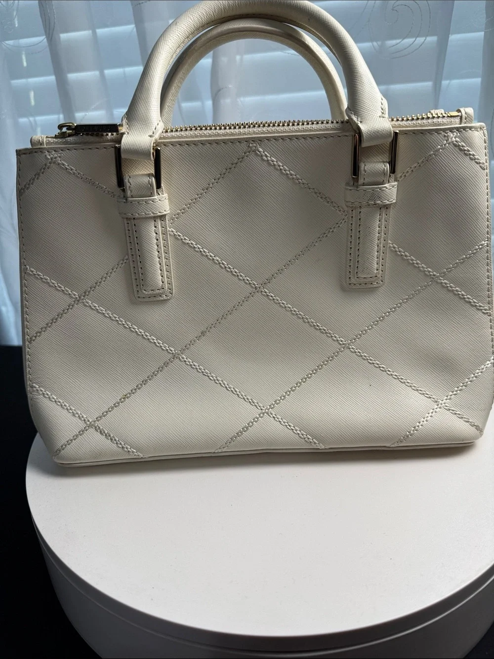 Tory Burch Cream Quilted Satchel with Gold Chain Strap